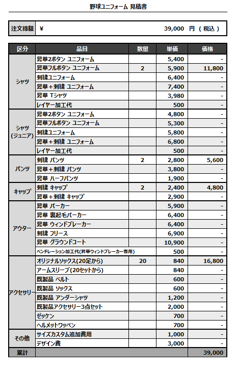 251013_KYODO NODAI_ユニフォーム1st追加_キャップ2nd追加_オリジナルソックス1st追加_見積書