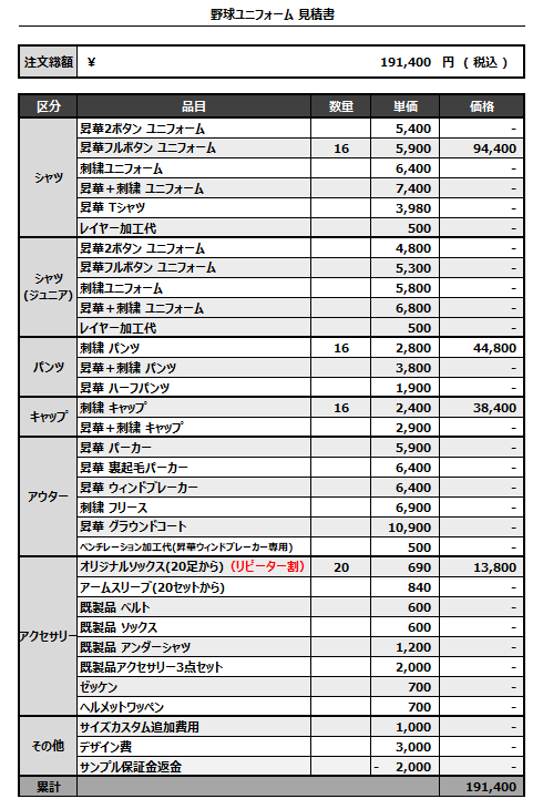 251014_JA FUKUOKA YAME_ユニフォーム1st新規_オリジナルソックス1st新規_見積書